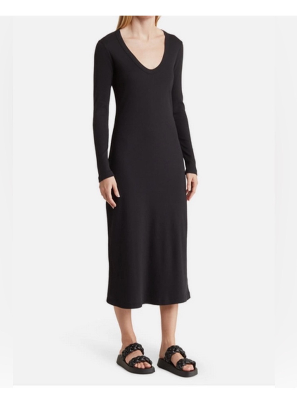 Standard James Perse Black Ribbed Long Sleeve Maxi Dress Scoop V Neck
